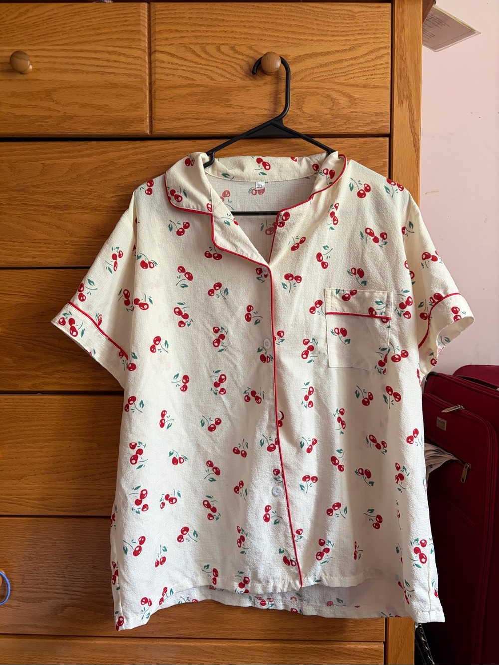 White Cherry-Print Short Sleeve Pajama Top